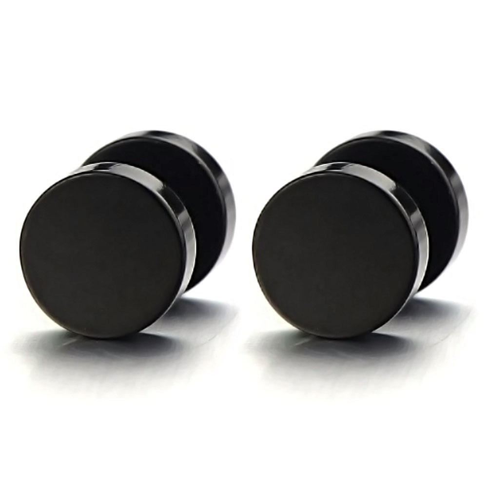 Zysta 2pcs 8mm Black Screw Stud Earrings Mens Stainless Steel Cheater Fake Ear Plugs Gauges Illusion Tunnel