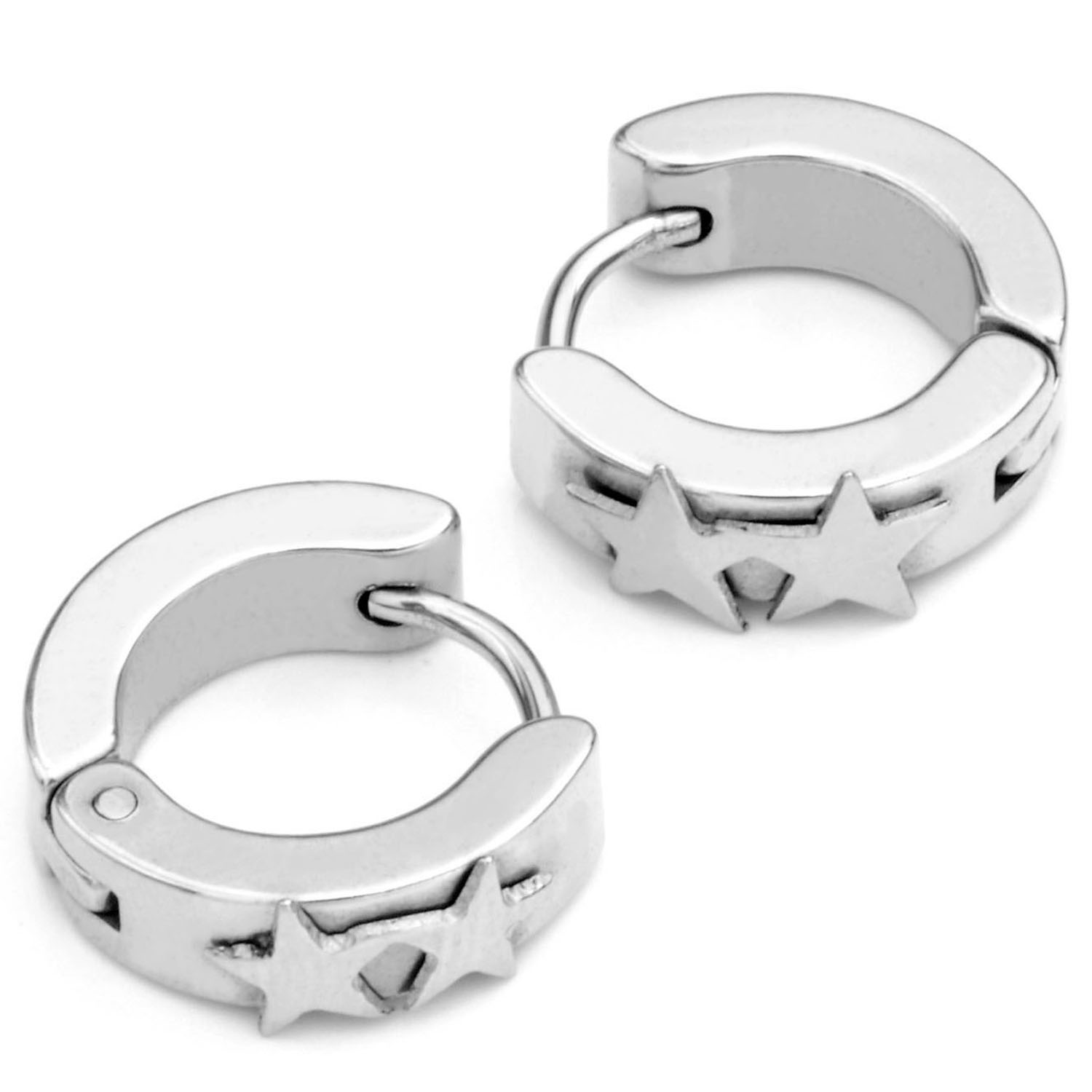 Zysta 2pcs Unisex Silver Surgical Stainless Steel Star Clip On Hoop Hinged Huggie Stud Earring