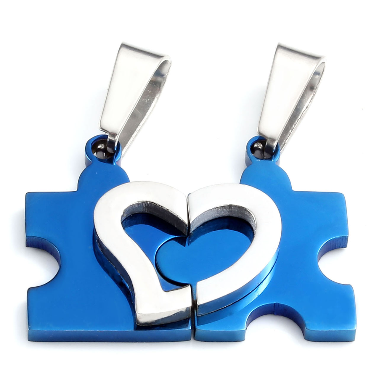 Zysta 2pcs His and Hers Couple Necklace Stainless Steel Heart Pendant with 22 Inches Chain Blue