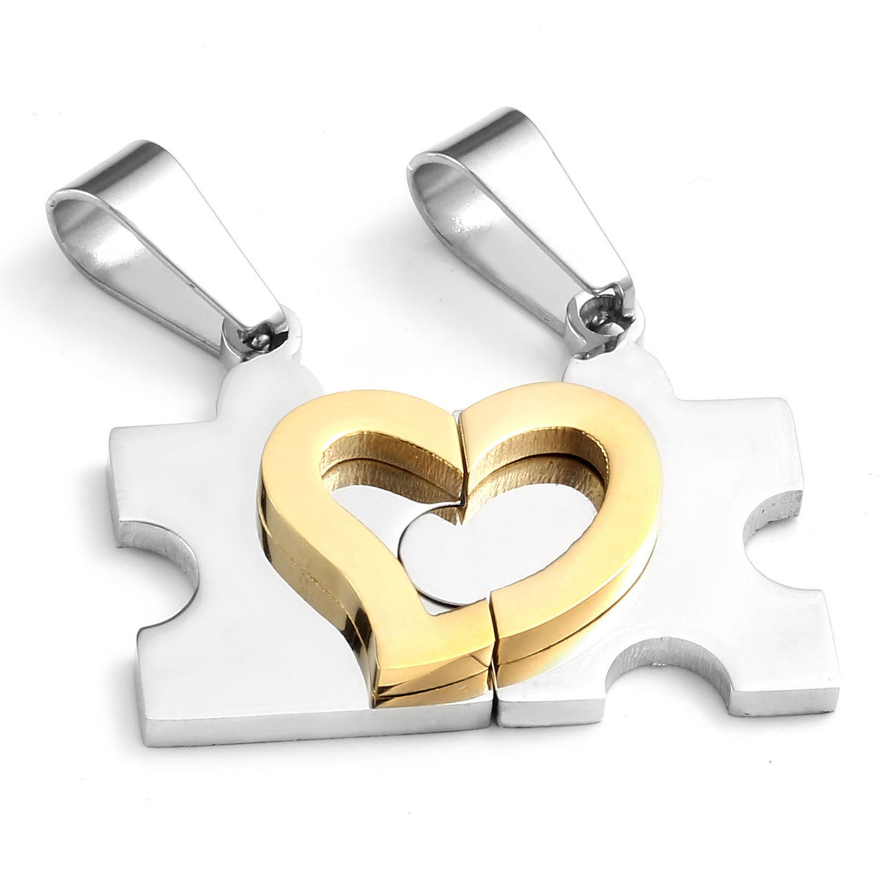 Zysta 2pcs His and Hers Couple Necklace Stainless Steel Heart Pendant with 22 Inches Chain Silver & Golden